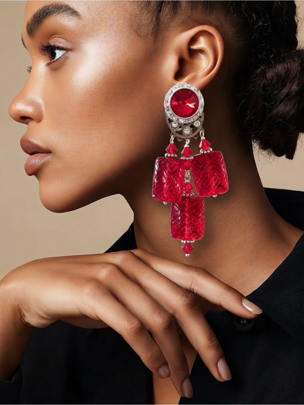 Antreina's; Saucy Red Dangle; Clip on Earrings